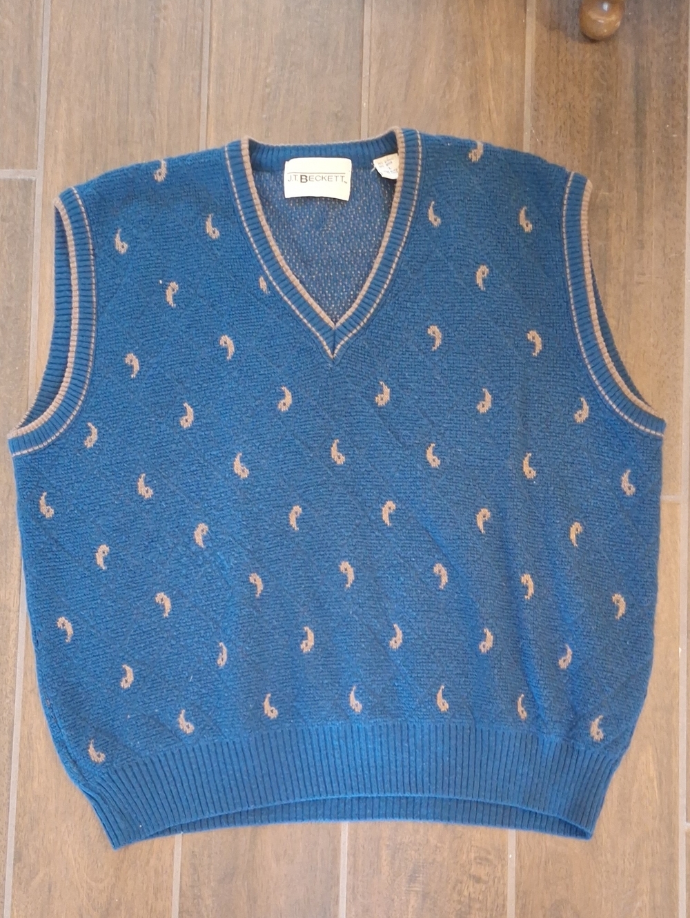 Vintage CP J.T. Beckett Italian Wool Sweater Vest Blue & Tan Yin & Yang Large